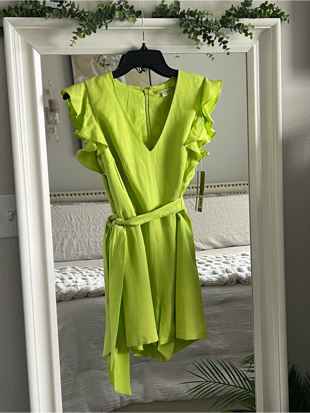Gianni Bini Lime Green Ruffle Sleeve V-Neck Romper